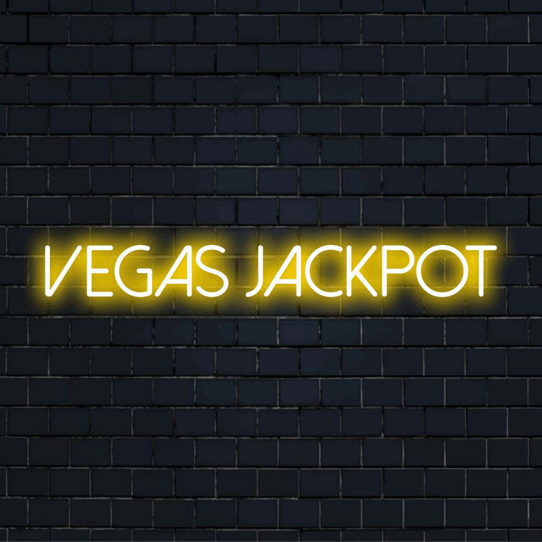 Vegas Jackpot Neon Light with bright LED glow on dark brick wall
