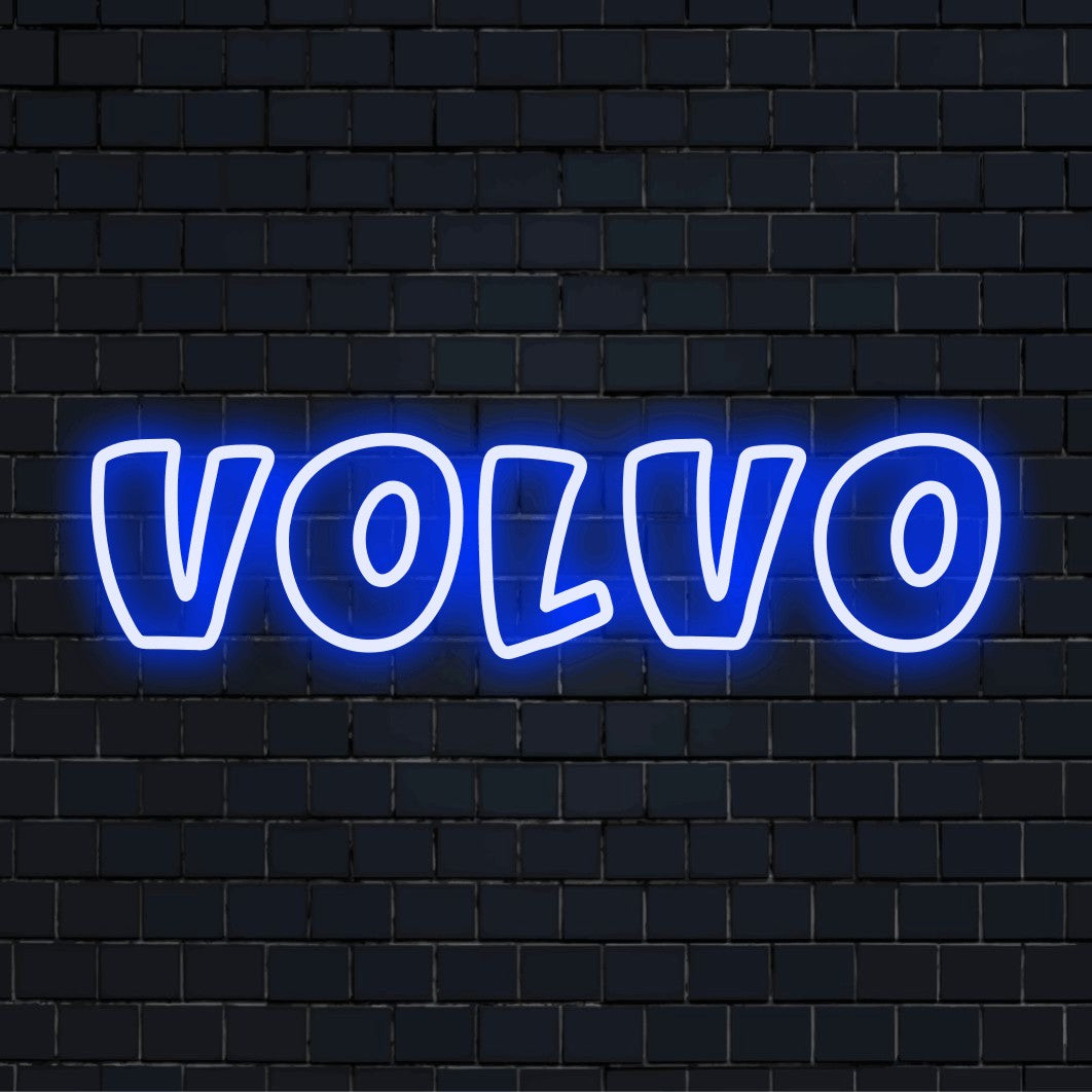 Volvo Neon Sign, bright neon glow on dark brick background