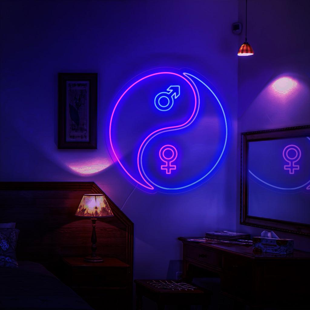En fängslande neonskylt som visar upp Yin och Yang-symbolen, som visar den harmoniska balansen mellan manliga och kvinnliga energier.