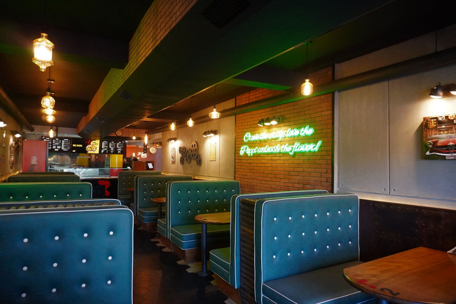 Colorful LED neon signs in a restaurant