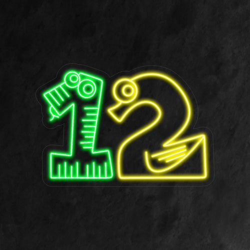 "12th Birthday Neon Sign" har ett nyckfullt nummer 12, där "1" liknar en grön orm och "2" som liknar en gul svan. Perfekt för en livlig och rolig barnfest.