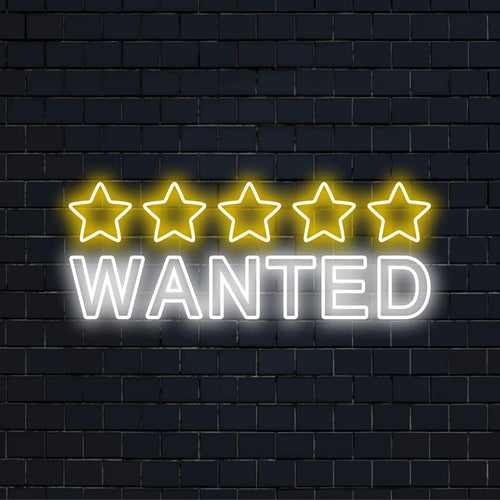 Livlig anpassad LED-neonskylt som visar "5 Stars Wanted" med feta bokstäver, perfekt för iögonfallande neondekor.