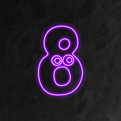 "8th Birthday Neon Sign" lyser av ungdomlig glädje, med ett livligt nummer '8' i en lekfull design. Lys upp firandet av ett barns 8-årsdag med detta charmiga och livfulla neonljus.