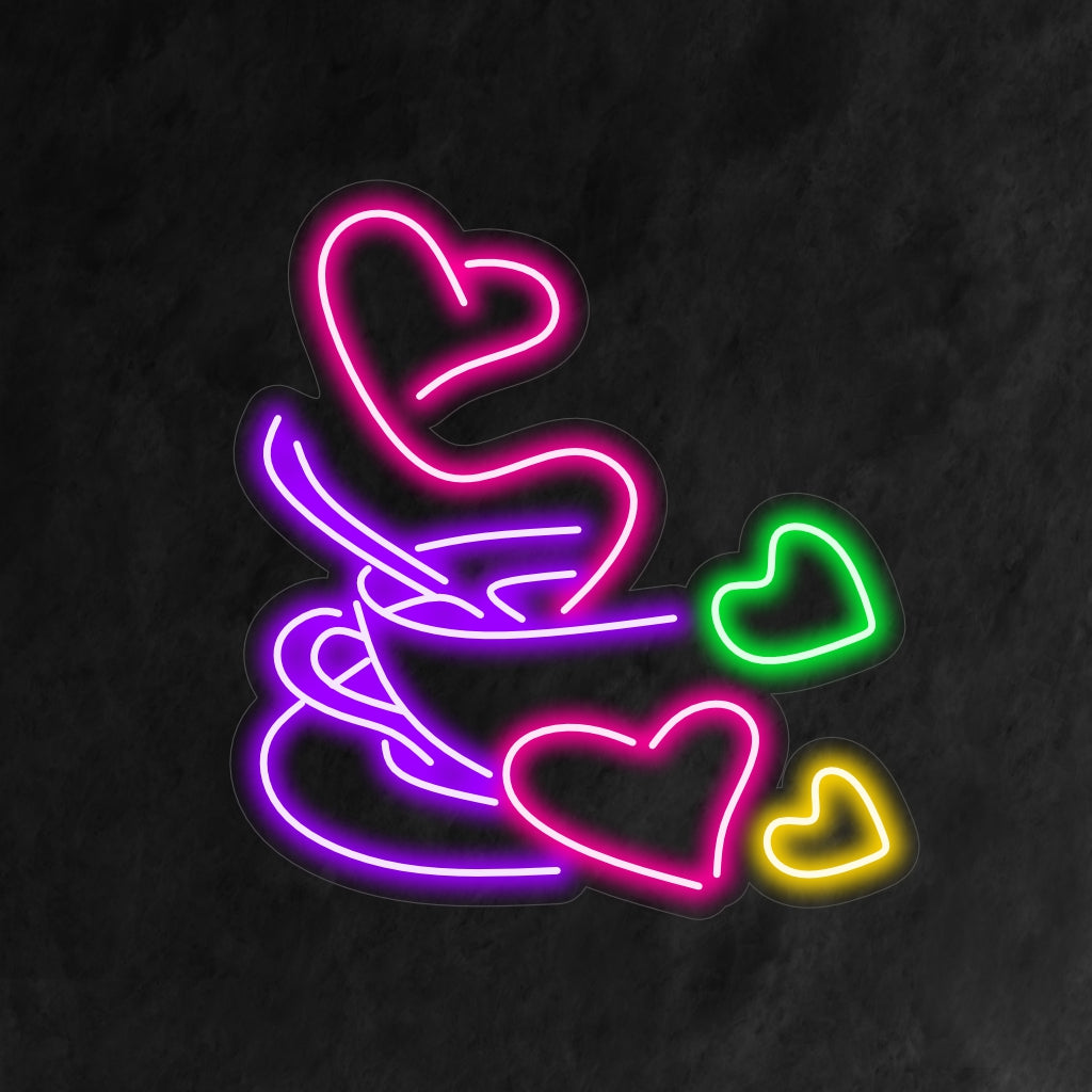 Neonkonst med en glödande kaffekoppsdesign, perfekt som neonväggkonst eller anpassad LED-dekor för mysiga utrymmen.