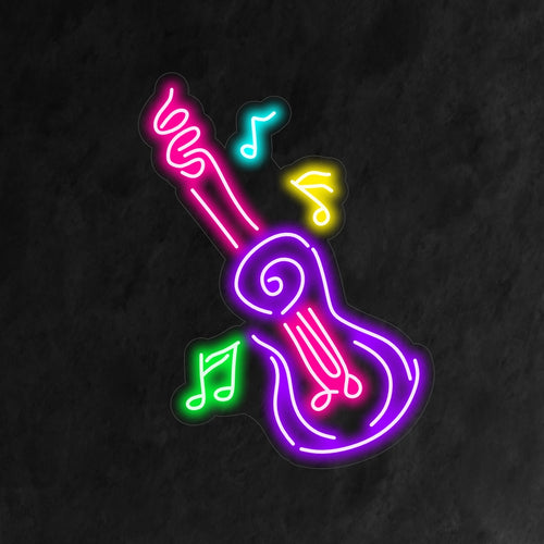 En upplyst neonskylt med en abstrakt representation av en gitarr, perfekt för musikentusiaster och ger en touch av konstnärlig stil till alla utrymmen