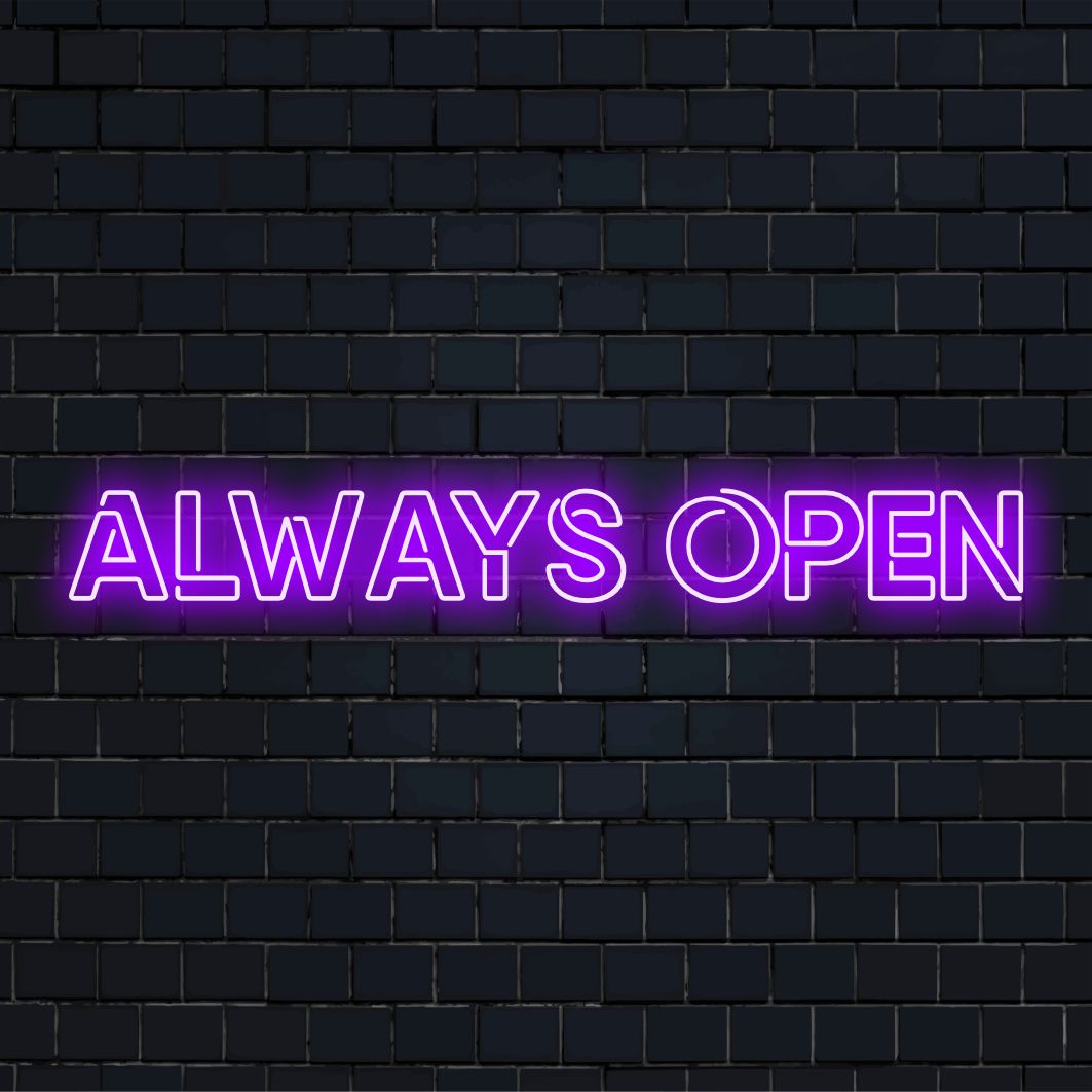 LED neonskylt med texten Always Open, levande och välkomnande, perfekt anpassad neondekor för alla utrymmen.