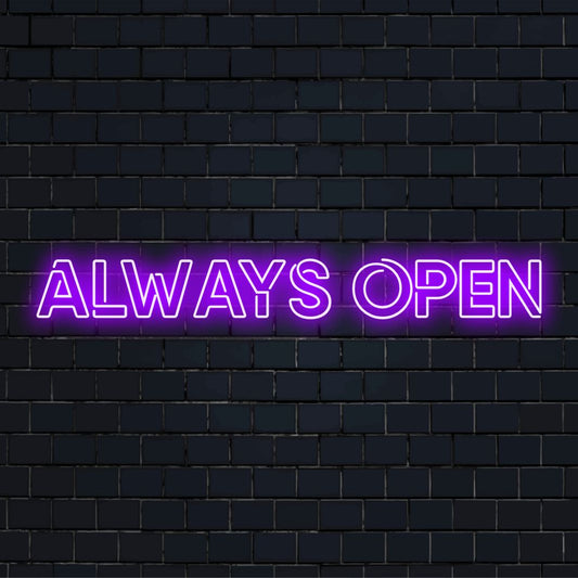 LED neonskylt med texten Always Open, levande och välkomnande, perfekt anpassad neondekor för alla utrymmen.