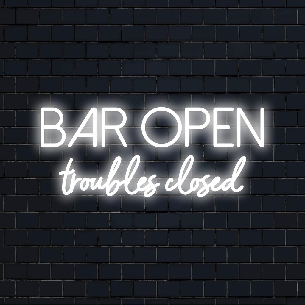 Anpassad LED Neonskylt med Bar Open Troubles Closed, perfekt neonljusinredning för barer, lounger eller hemutrymmen.