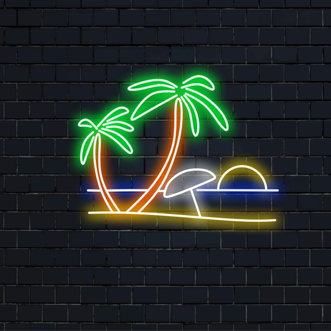 "Beach and Palm Trees Neon Sign" - A tropical neon light featuring the symbols of a beach and palm trees, infusing coastal charm and relaxation into your living space.
