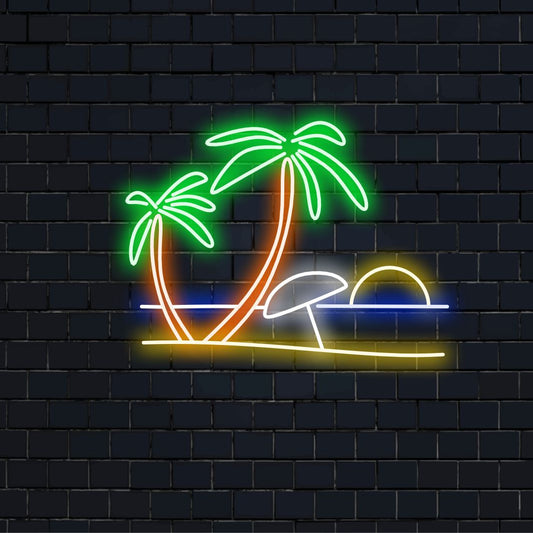 "Beach and Palm Trees Neon Sign" - Ett tropiskt neonljus med symbolerna för en strand och palmer, som ingjuter kustcharm och avkoppling i ditt vardagsrum.