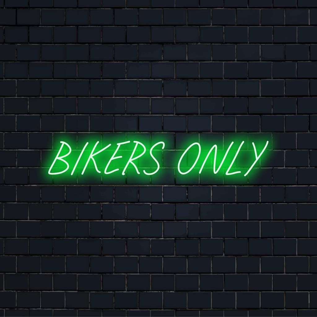 Custom LED neon sign glowing with Bikers Only text, perfect for motorcycling enthusiasts and unique space decor.