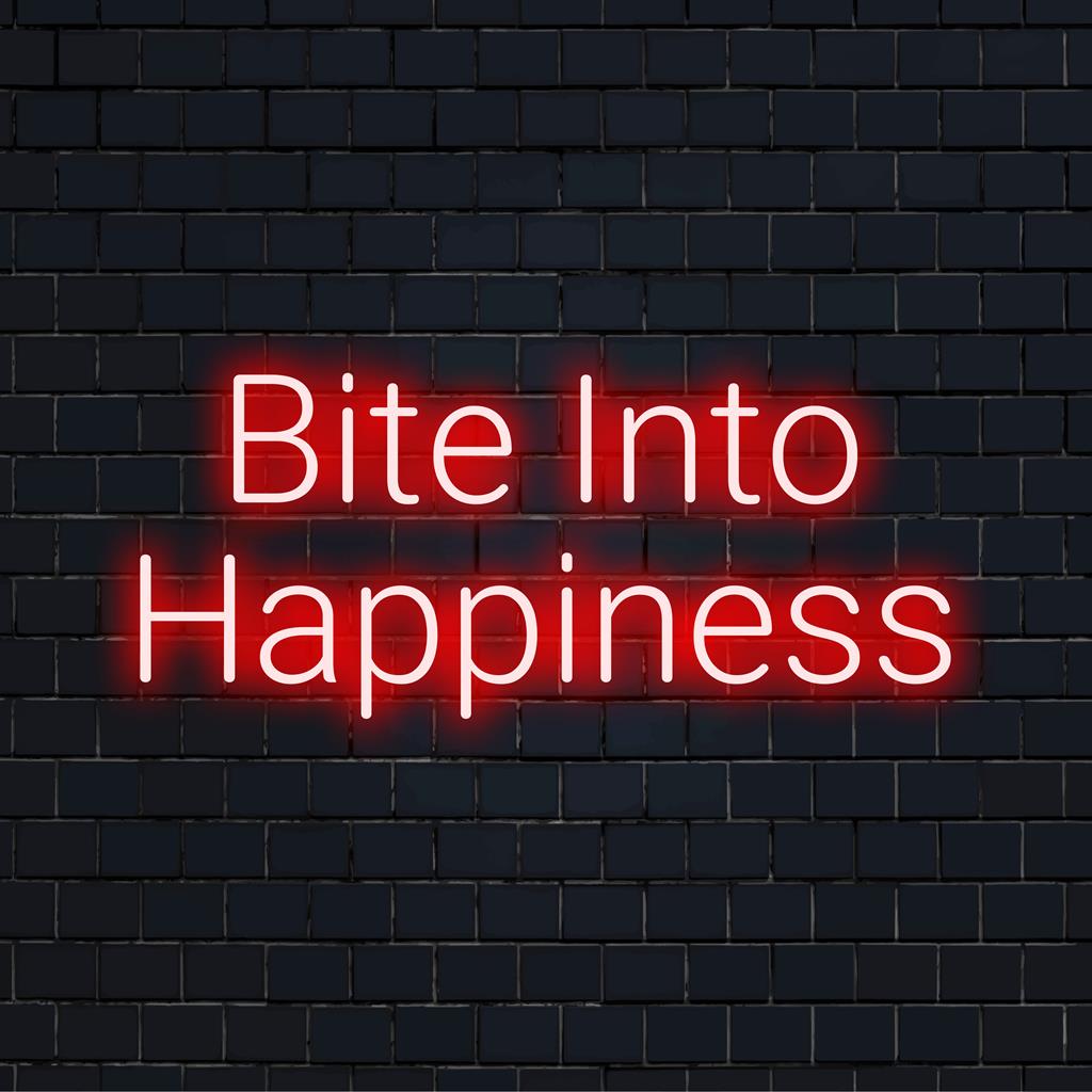 Anpassad LED-neonskylt: Bite Into Happiness, livfull neondekor skapar glad atmosfär i alla utrymmen.