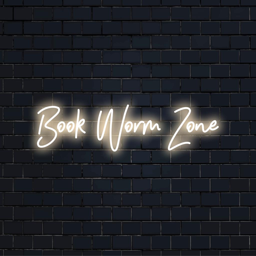 Anpassad LED-neonskylt med Book Worm Zone i lekfull typografi, perfekt för en mysig läskrok.
