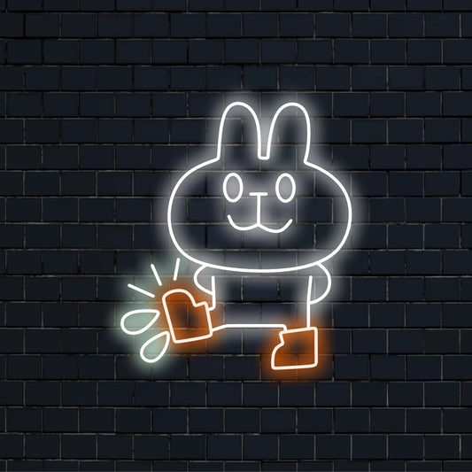 "Bunny in Boots Neon Sign" - Ett nyckfullt neonljus med den lekfulla bilden av en kanin som bär stövlar, ingjuter lätthet och en kärlek till bedårande varelser i ditt vardagsrum.