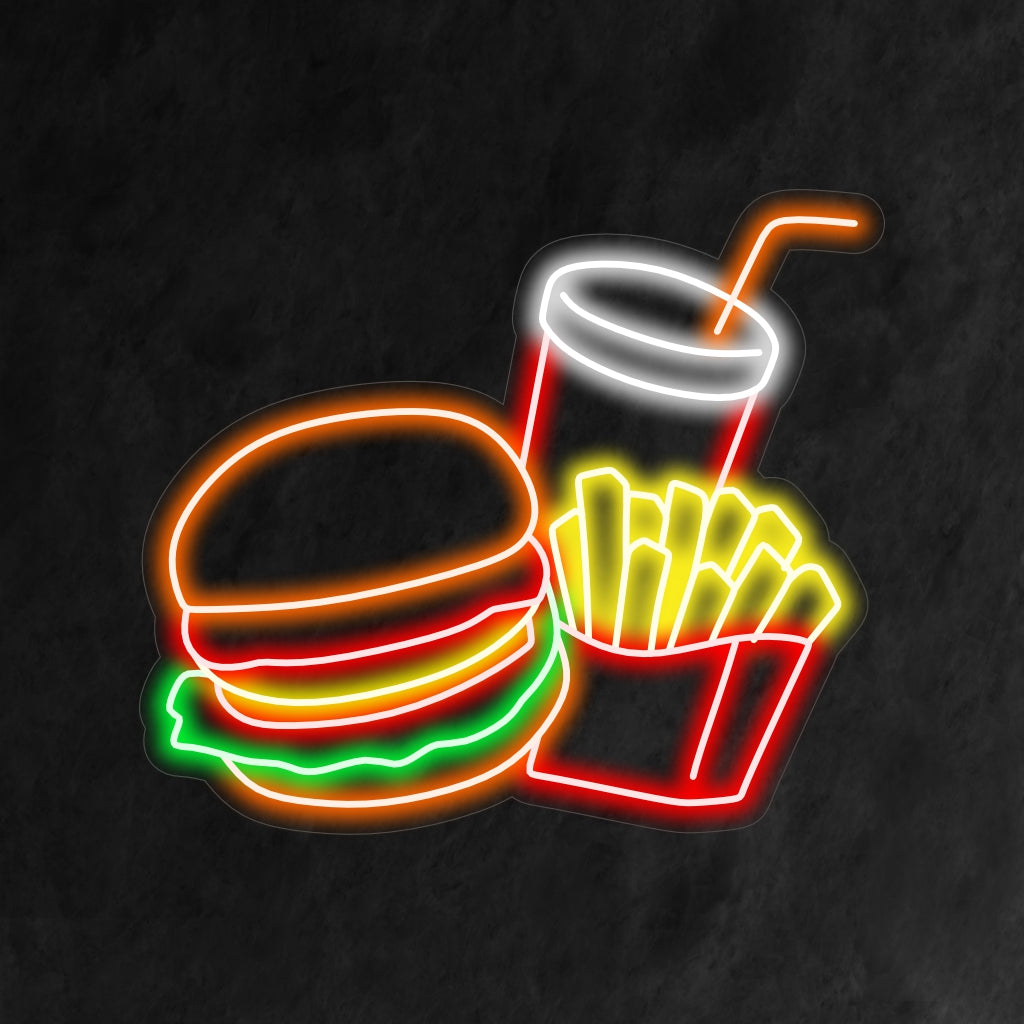 "Burger French Fries and Cola Neon Sign" är ett aptitretande tillskott till din restauranginteriör. Ett neonljus som visar upp den klassiska kombinationen av hamburgare, pommes frites och cola.