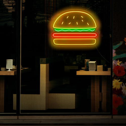 "Burger Neon Sign" - Ett aptitretande neonljus med den ikoniska symbolen för en hamburgare, som ingjuter en atmosfär av läckerhet och en kärlek till klassiska snabbmatsfavoriter i din hamburgare eller restaurang.