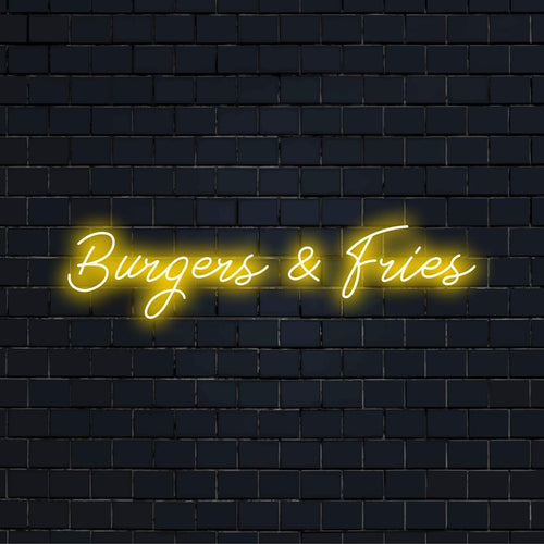 Skräddarsydd LED-neonskylt med Burgers And Fries-text i lekfullt teckensnitt, perfekt för restauranginredning eller spelrumsbelysning.
