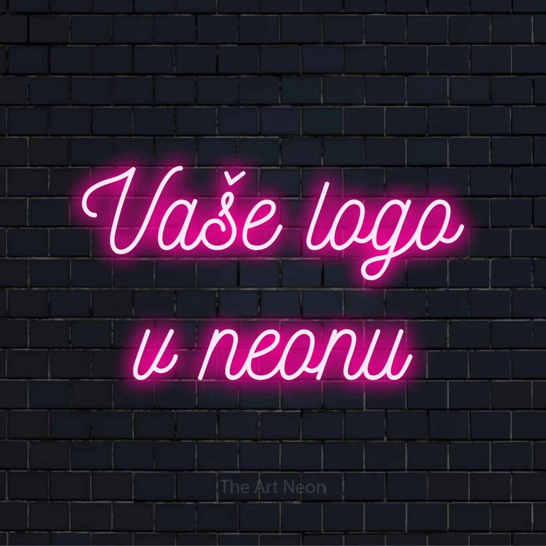 Neonový nápis na míru „Vaše logo v neonu“ na černé cihlové zdi