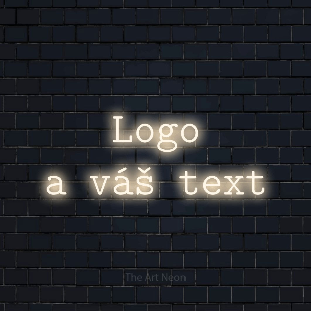 Neonový nápis na míru „Logo a váš text“ na černé cihlové zdi