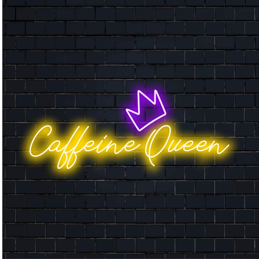 LED-neonskylt i ett levande manus som läser Caffeine Queen; en perfekt blandning av chic inredning och personlig neonljuskonst.