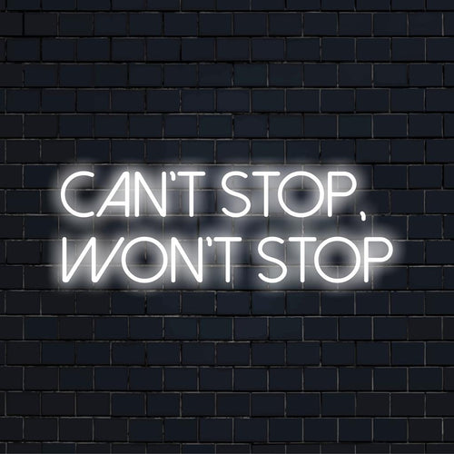 Anpassad LED-neonkonst med text Can't Stop, Won't Stop i livfulla färger; perfekt energigivande väggdekoration.