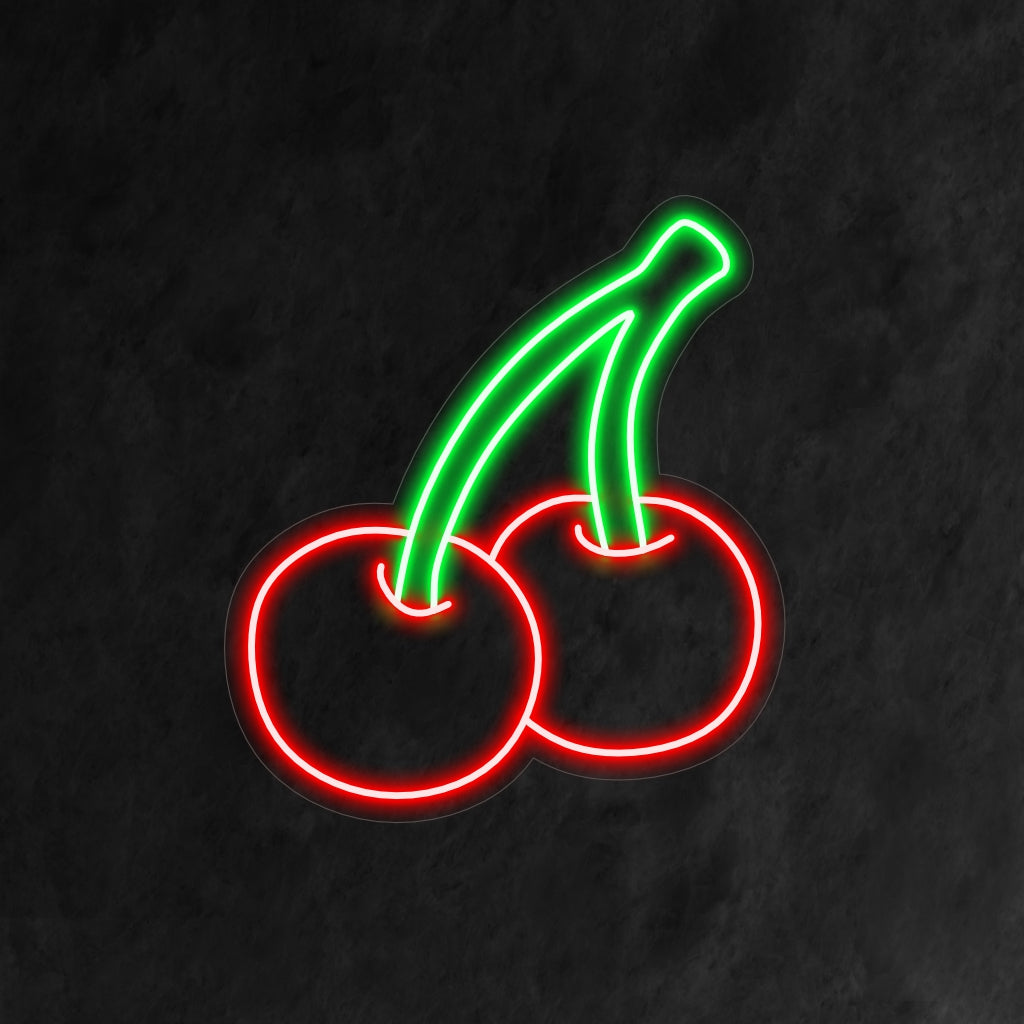 "Cherry Neon Sign" ��� Ett förtjusande och levande neonljus som visar upp ikoniska körsbär, som ger ditt utrymme sötma och lekfull charm.
