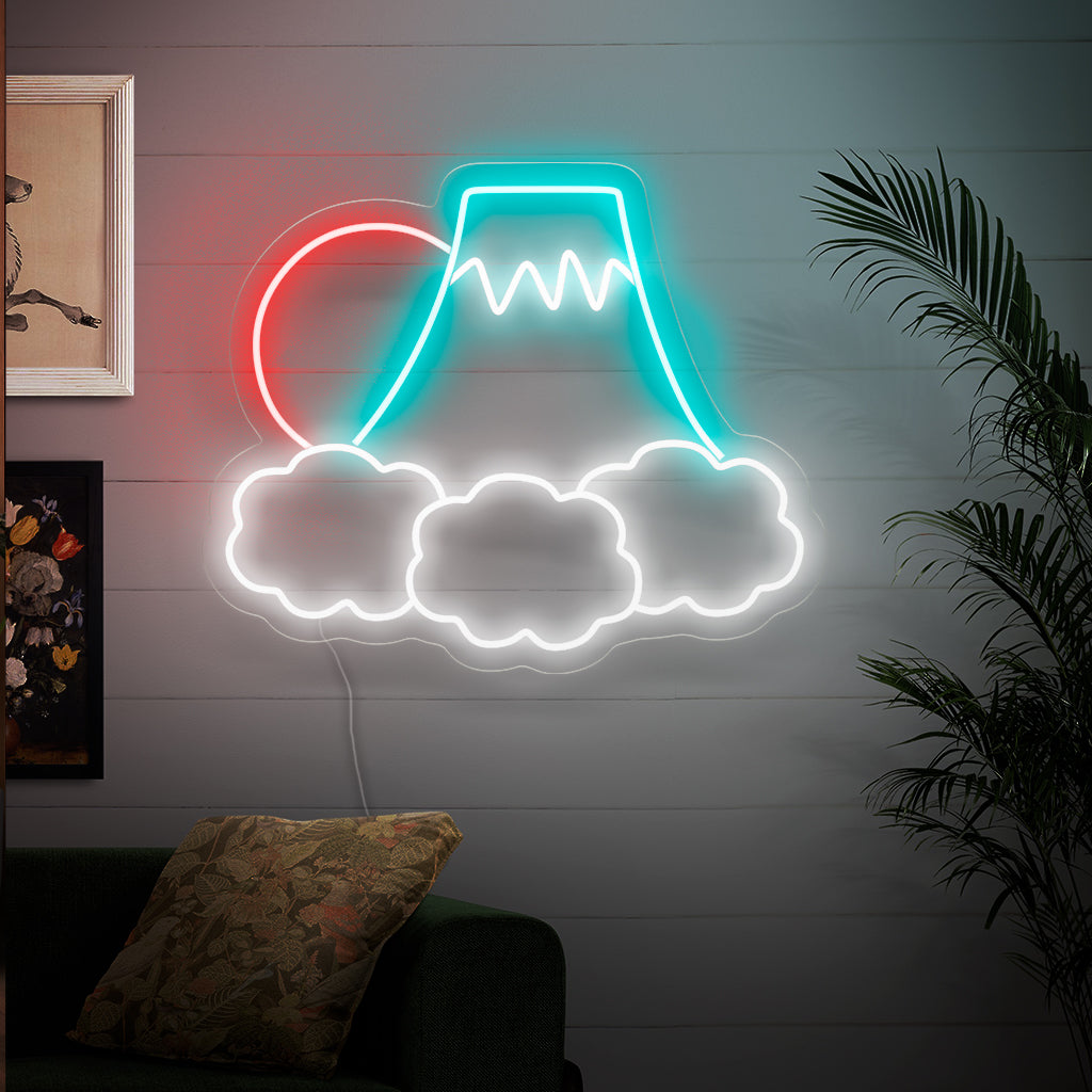 "Abstrakt neonskylt för moln, berg och sol" ��� Ett naturinspirerat och fridfullt neonljus som visar upp en abstrakt representation av moln, berg och solen, vilket ger ditt utrymme lugn och en kontemplativ atmosfär.