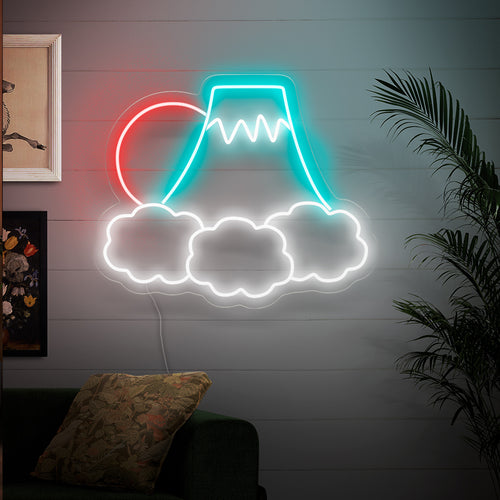 "Abstrakt neonskylt för moln, berg och sol" ��� Ett naturinspirerat och fridfullt neonljus som visar upp en abstrakt representation av moln, berg och solen, vilket ger ditt utrymme lugn och en kontemplativ atmosfär.