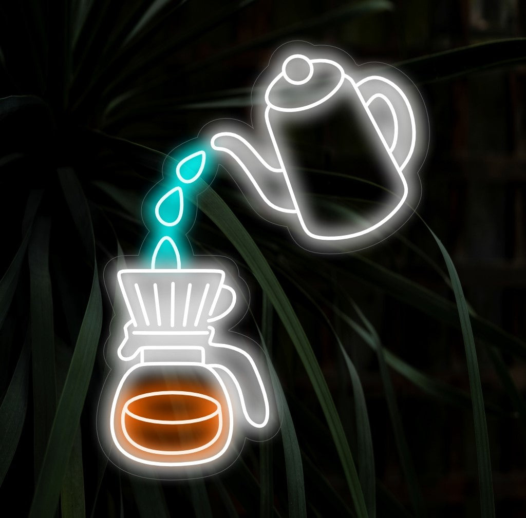 "Kaffemaskin och vattenkokare neonskylt" ��� Ett elegant och koffeinhaltigt neonljus som visar upp de ikoniska bilderna av en kaffemaskin och vattenkokare, och ger din kaffehörna eller kafé en varm och inbjudande atmosfär.
