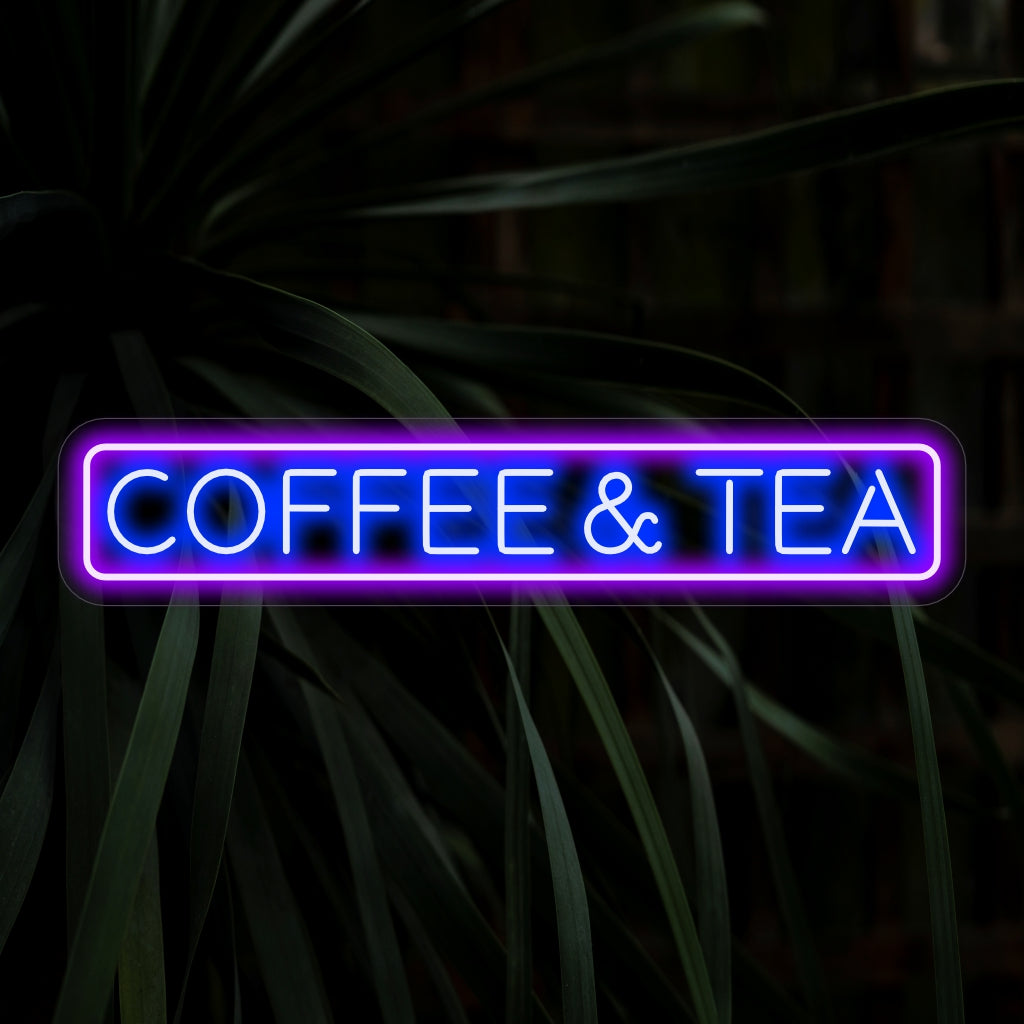 "Kaffe och te Neonskylt" ��� Ett mysigt och inbjudande neonljus som visar orden "Kaffe och te", som ger ditt kafé eller kök en varm och välkomnande atmosfär.