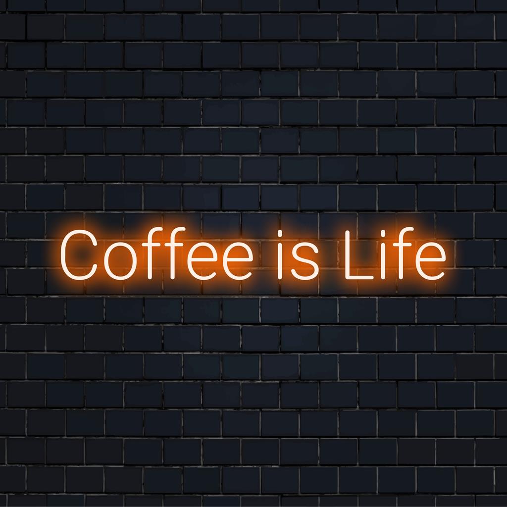 Anpassad LED neonskylt med frasen Coffee Is Life; en blandning av ord och ljus som framhäver din kärlek till kaffe.