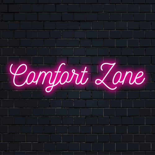 Custom Comfort Zone LED-neonskylt med varmvitt sken; perfekt personlig inredning för alla utrymmen.