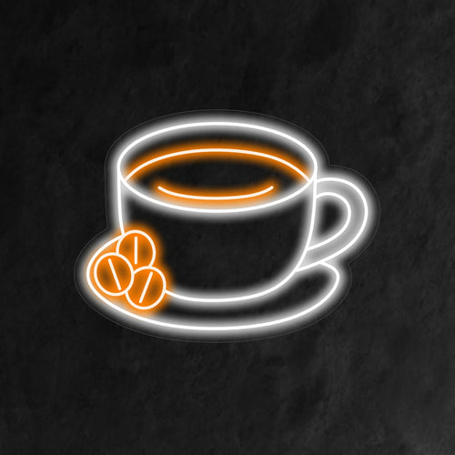 "Cup On A Dish With Coffee Neon Sign" ��� Ett mysigt och inbjudande neonljus som visar upp en kopp på ett fat med kaffe, som ger din kaffehörna eller kafé en varm och aromatisk atmosfär.