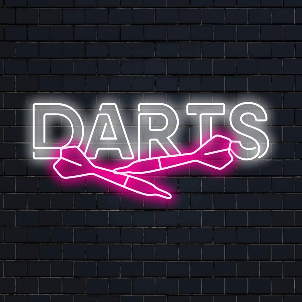 Anpassad LED neonskylt som visar en levande dartdesign, perfekt för unik väggdekor och personlig neonkonstbelysning.