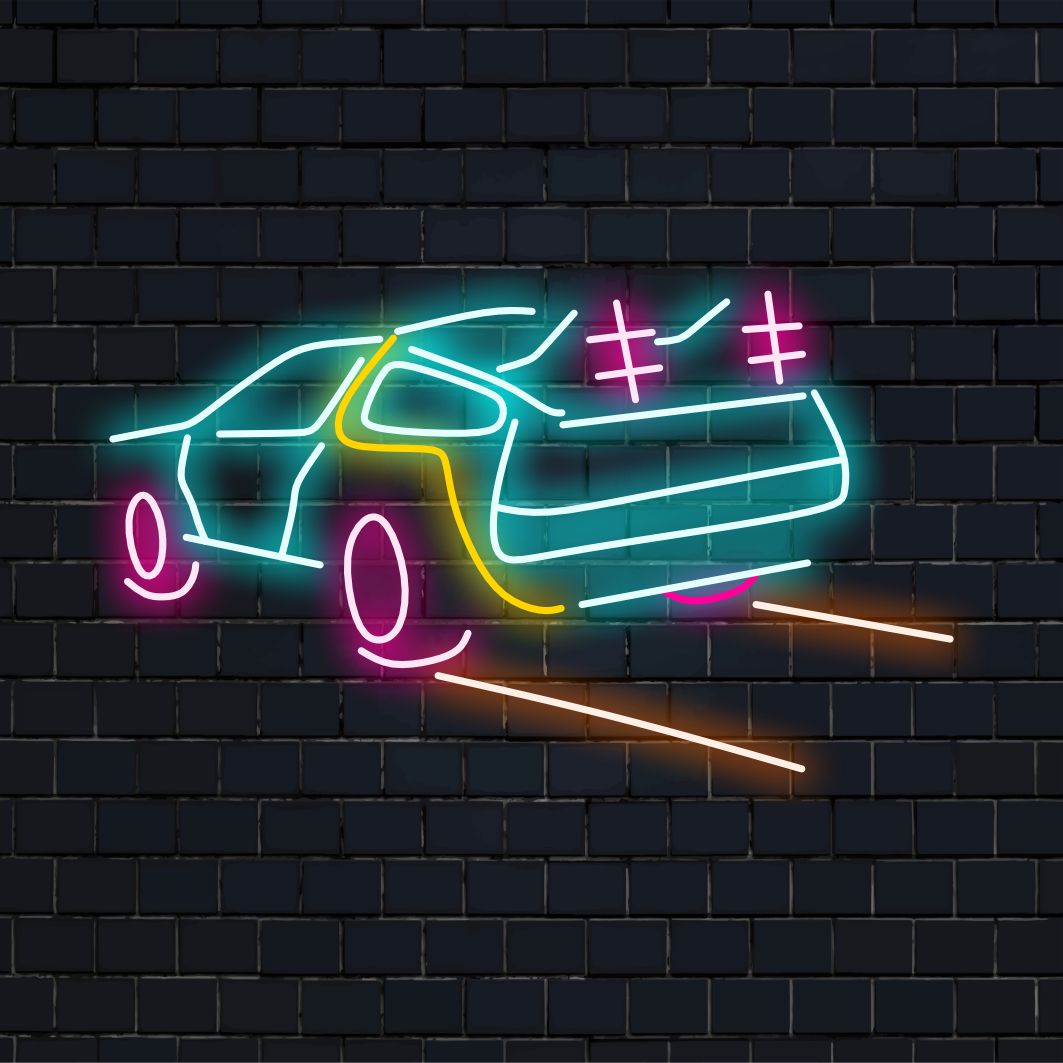 LED neonskylt som liknar DeLorean tidsmaskin, perfekt för anpassad inredning; unik neonväggkonst för retroentusiaster.