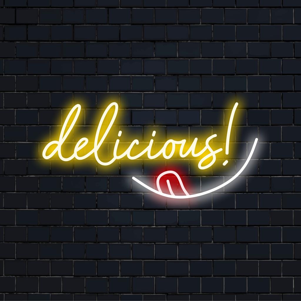 Livlig anpassad LED-neonskylt med ordet "Delicious!". Perfekt för att lägga till charm och glöd till alla utrymmen.