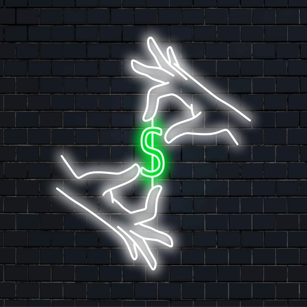 "Dollar Between Hands Neon Sign" lyser upp med ett djärvt sken, symboliserar ekonomisk framgång och välstånd, vilket gör den perfekt för företag och utrymmen som firar monetära prestationer.