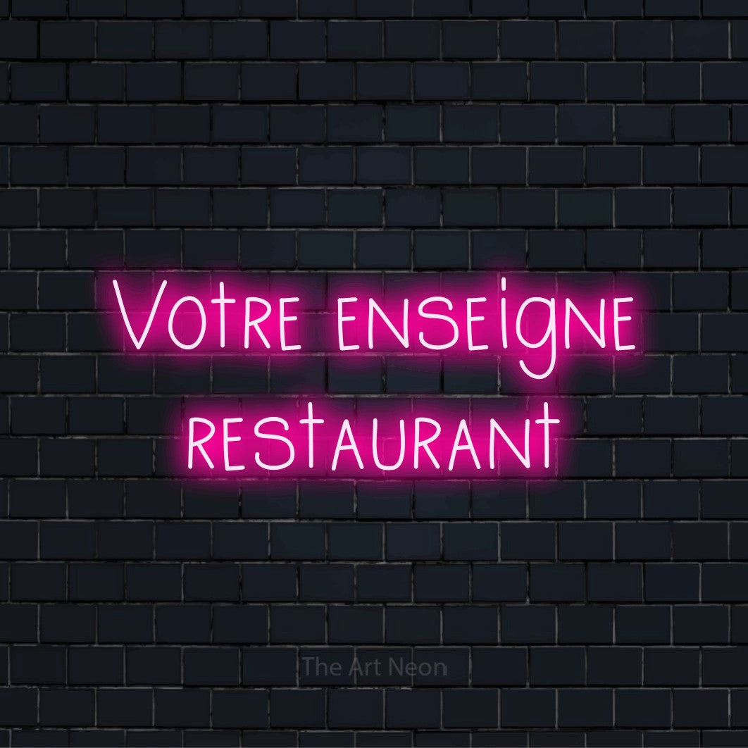 Enseigne néon personnalisée « Votre enseigne restaurant » sur un mur en briques noires