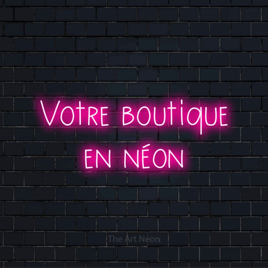 Enseigne néon personnalisée « Votre boutique en néon » sur un mur en briques noires
