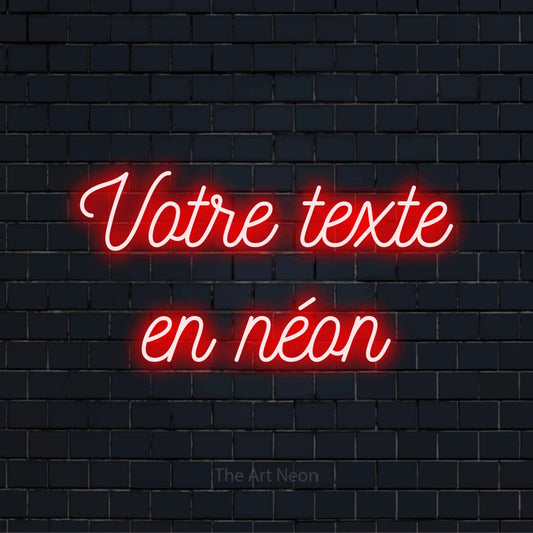 Enseigne néon personnalisée « Votre texte en néon » sur un mur en briques noires