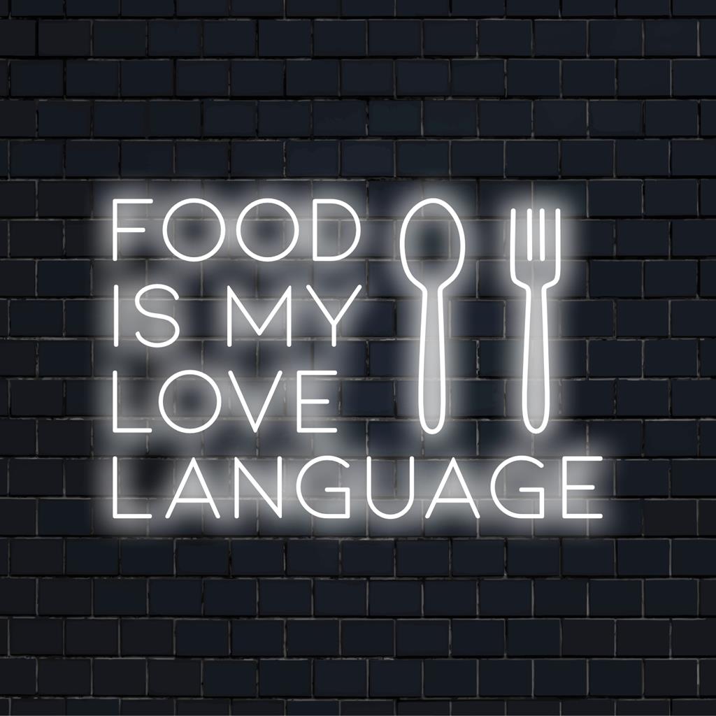 LED neonskylt med citatet Food Is My Love Language; perfekt för kök eller matplatser; neonljuskonstdekor.