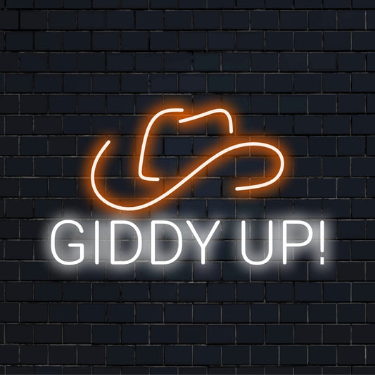 Custom LED neon sign in the form of a cowboy hat with the words Giddy Up cleverly embedded; eye-catching neon decor piece.