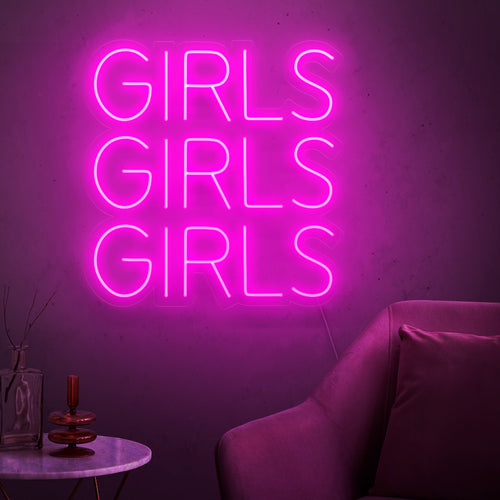 "Girls Girls Girls Neon Sign" - Exuding a vibrant and lively atmosphere, perfect for nightlife venues and bars, creating a lively and exciting ambiance.