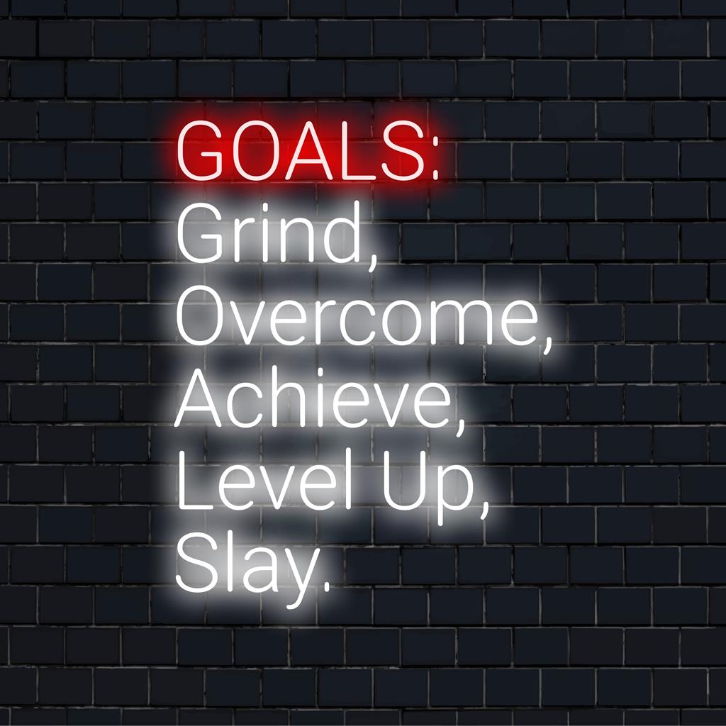 Skräddarsydd LED neonskylt med motiverande fraser Grind, Overcome, Achieve, Level Up, Slay neon light art.