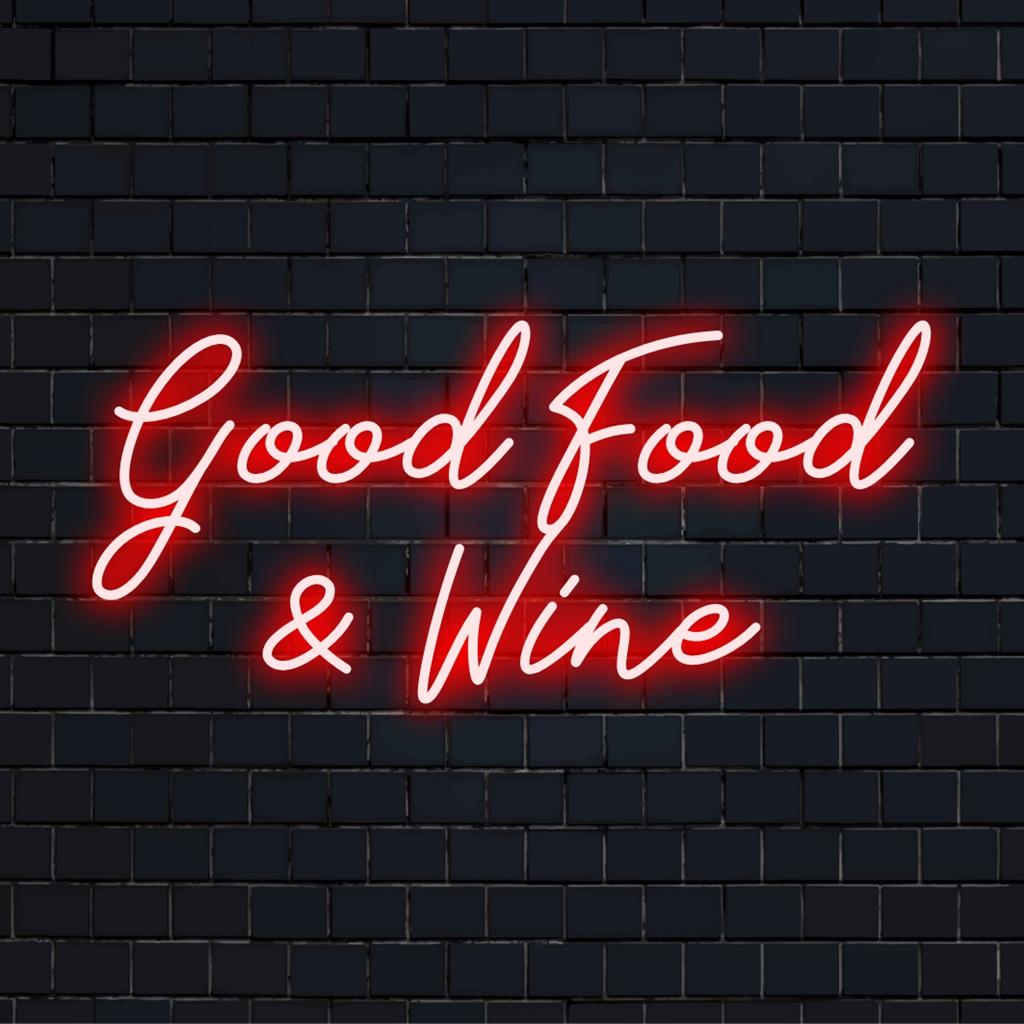 Anpassad neonskylt med frasen Good Food & Wine. Perfekt för kök eller bar, lyser upp ditt utrymme med varmt LED-ljus.