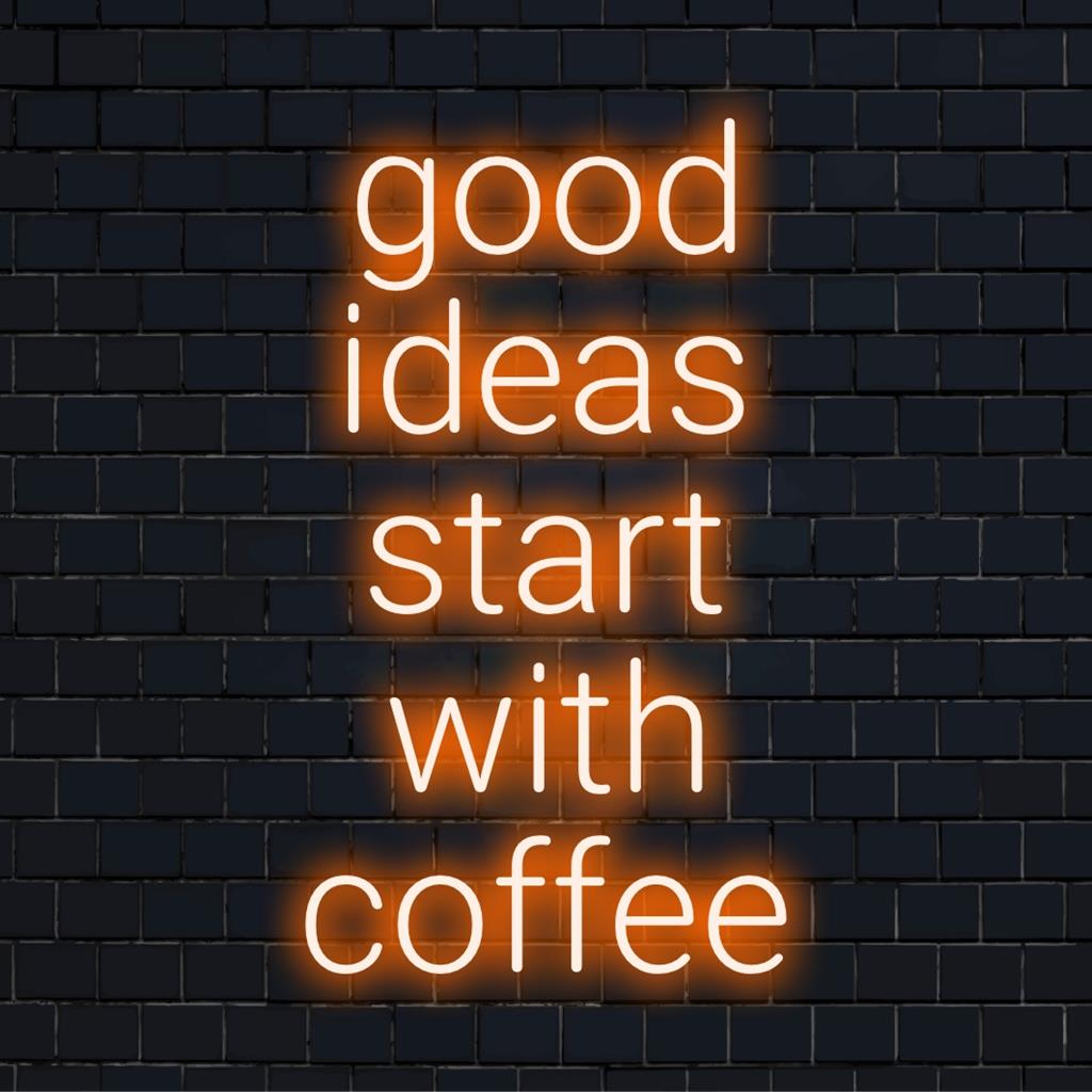 Anpassad LED neonskylt som läser Goda idéer Börja med kaffe, perfekt för att lägga till stil till alla kaffeälskares utrymme.