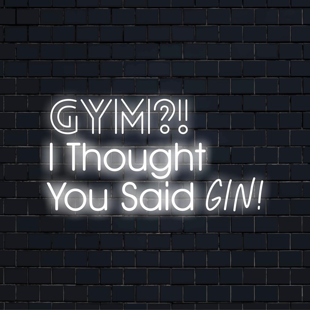 Levande rosa och blå neonskylt som läser Gym? Jag trodde du sa Gin! ger din inredning nyckfull, full av rolig kärlek.