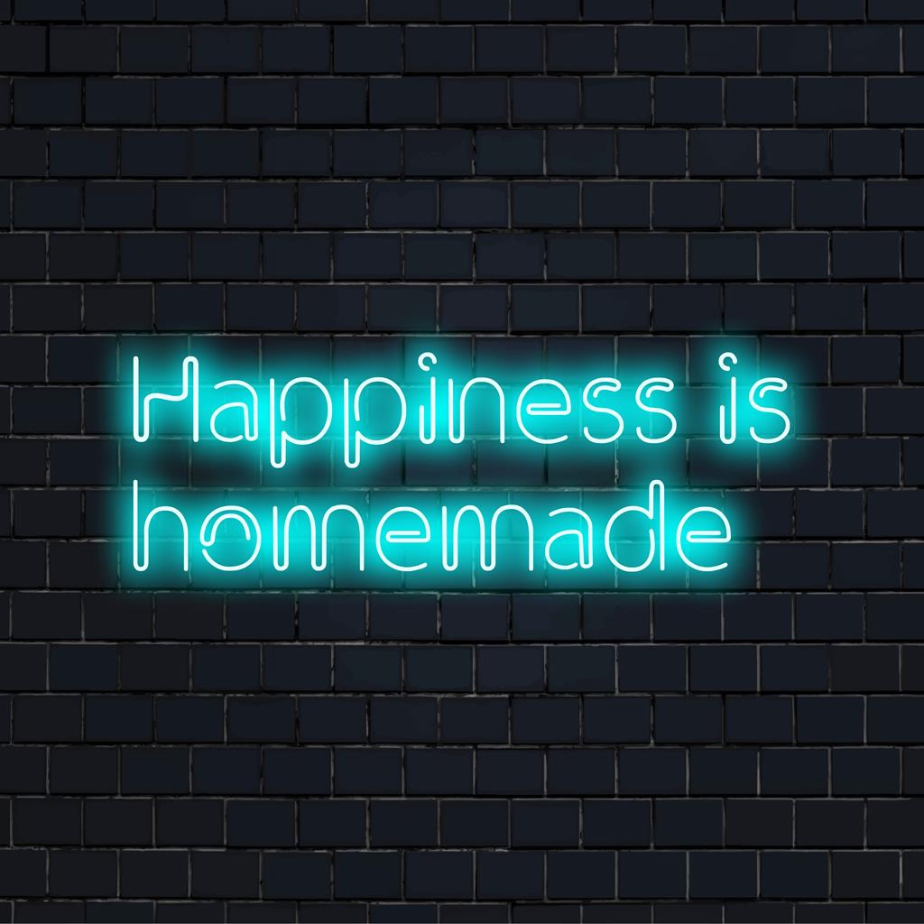 Happiness Is Hemmagjord neonskylt som ger en varm, inbjudande glöd. Perfekt personlig LED-inredning för hem eller evenemang.