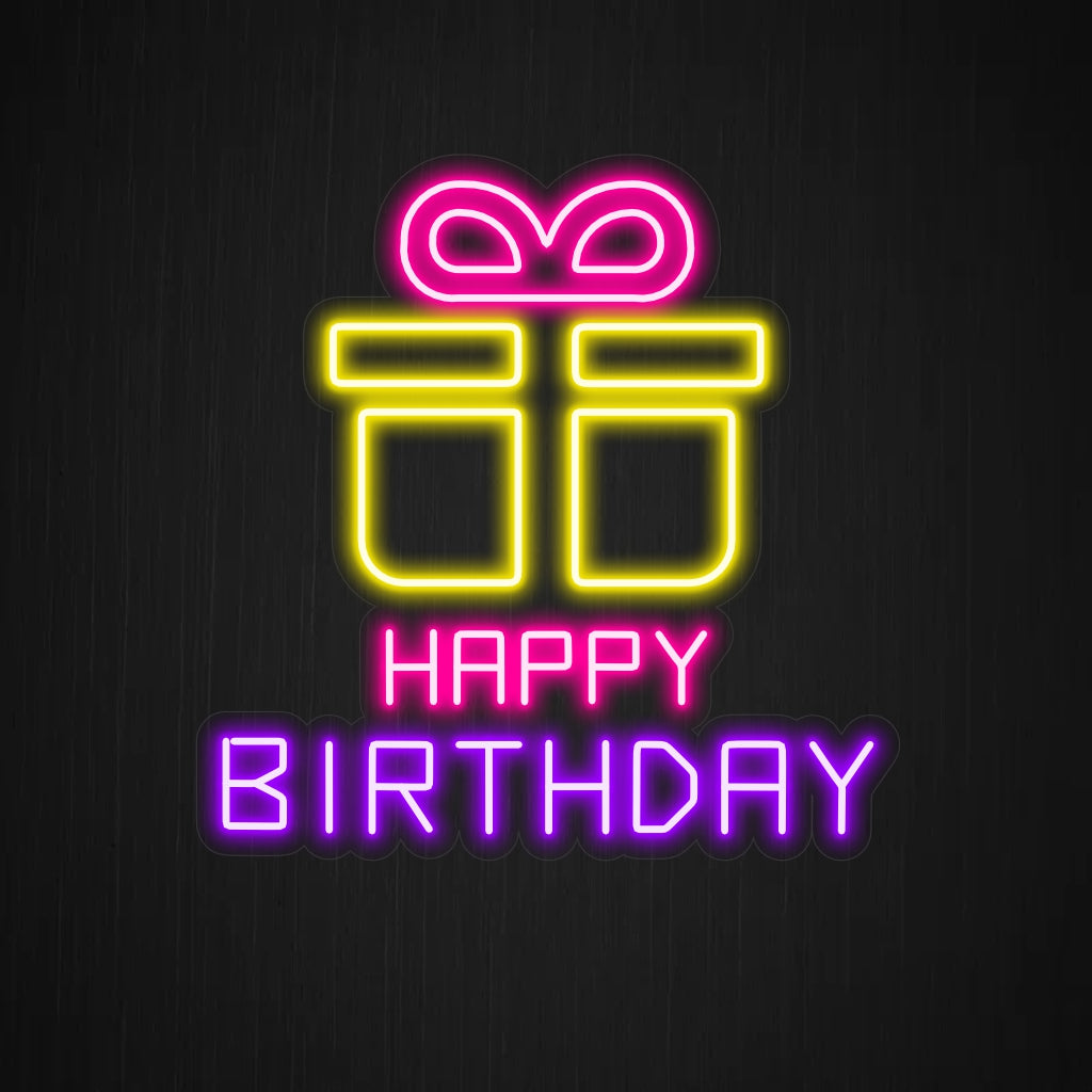 "Happy Birthday With Gift Neon Sign" - Utstrålar glädjen i att ge presenter, perfekt för födelsedagsfirande och presentbutiker, där andan att ge hyllas.