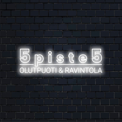 Räätälöidyt neonskyltit 75 × 28 cm – “5piste5” (sininen & valkoinen)